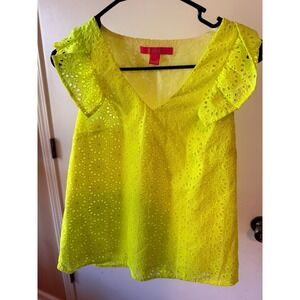 LILLY PULITZER NEON YELLOW LINA TOP XXS Geo Eyelet prickly pear womens blouse